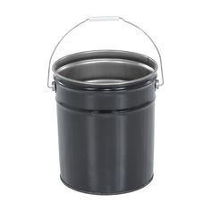 a black bucket with a white handle on the top and bottom, sitting against a white background