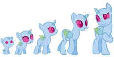 several little ponys are lined up next to each other, all with pink eyes