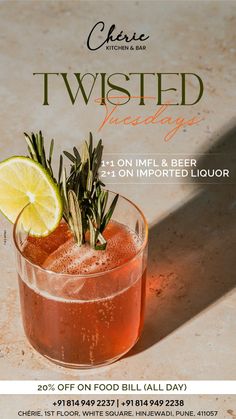 an advertisement for twisted peachy with a cocktail garnished with lemon and rosemary