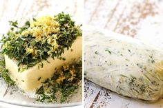 two pictures one with cheese and the other with herbs