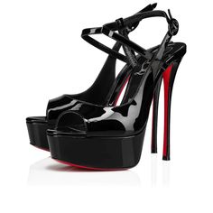 Black Sandals With Red Sole And Ankle Strap, Black Sandals With Red Sole And Open Toe, Black Open Toe Sandals With Red Sole, Black Patent Leather Evening Sandals, Black Platform Sandals For Evening, Luxury Black Sandals For Night Out, Black Open Toe Sandals For Gala, Designer Black Sandals With Red Sole, Black Patent Leather Party Sandals