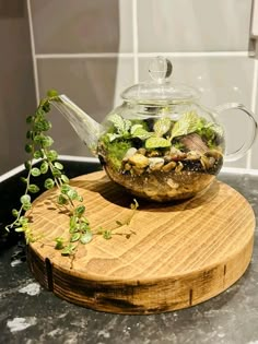 a glass teapot filled with plants on top of a wooden board