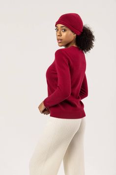 Women's Cashmere $79 Essential Set - Cabernet - Gobi Cashmere Fitted Fall Beanie, Classic Burgundy Hats For Winter, Classic Burgundy Hats For Fall, Classic Burgundy Winter Hat, Classic Solid Beanie For Fall, Classic Solid Color Fall Beanie, Classic Fitted Beanie For Fall, Studio Shots, Color Sweater