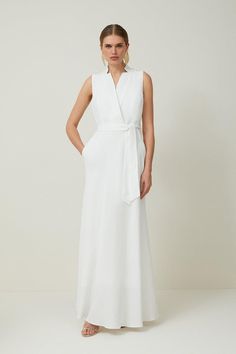 Expertly Tailored With An Elegant Effect, This Midaxi Dress Is Crafted Lightweight Linen. Featuring A Notched Neckline, Sleeveless Design, And Wrap Dress Effect While A Self-Tie Belt Cinches The Waist For A Flattering Silhouette. Pair With Barely-There Heels For Evening Wear Or Sandals For Daywear.Linensleevelessbeltedmidaxi Length Petite Business Casual, Linen Wrap Dress, Latest Maxi Dresses, Spring Wedding Guest Dress, Outfits For Mexico, Maxi Dress Collection, Petite Skirt, Fall Wedding Guest Dress, Bandeau Dress