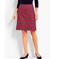 Classic Holiday Red Plaid 21.5" Knee-Length Skirt By Talbots In Misses Size 8. Scalloped Hem 2 Front Besom Pockets (Still Basted Closed From Manufacturer) Wide Contour Waistband Hidden Side Zip With Security Hook Plaid Matched At Seams Fine 40% Wool, 27% Polyester, 20% Viscose, And 3% Spandex Fully Lined In 100% Polyester Dry Clean Made In Vietnam Skirt Measurements: Waist 35" Hip 42" Length 21.5" Weighs 9 Oz. Skirt Will Ship Within 48 Business Hours Of Purchase, Neatly Folded Inside Fresh White Red Plaid Skirt, Scalloped Skirt, Preppy Plaid, Skirt Knee Length, Scallop Hem, Classic Style Women, Line Skirt, Red Skirts, Plaid Skirt