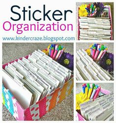 several pictures of organized items in a pink and white box with the words sticker organization on it