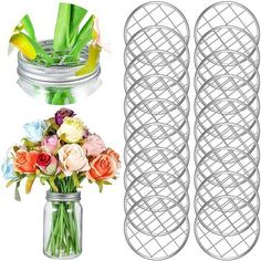 two vases with flowers in them next to each other and some wire on the side