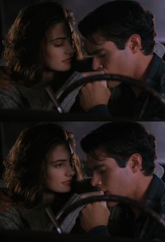 two pictures of a man and woman kissing each other in the backseat of a car