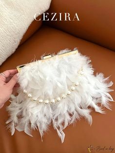 Bird in Bag - Womens Metal Frame Clutch Evening Bag with Faux Pearl Handle and Shoulder Chain Strap for Parties White Party Bag With Chain, Evening Handbag, Shoulder Chain, Ostrich Feathers, Long Chain, Square Bag, Metal Chain, Chain Strap, Shoulder Bag Women