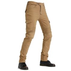 Motorcycle Racing Denim LB1 Pants With Hip Knee Protective Pads - Khaki is a perfect slim-fit cargo pants. The stretchable polyester and cotton fabrics used in the pants mix into the perfect blend of utility and comfort. CE Certified Knee Hip Protective Pads ⇨ The knee and hip pads are detachable and easy to mount. Insert them into their special pockets for added protection on the road. Reinforced Stitching ⇨ The pants feature reinforced stitching in critical areas to strengthen the connected pa Fitted Khaki Jeans With Cargo Pockets, Fitted Cargo Style Jeans With Tapered Leg, Fitted Khaki Cargo Jeans With Pockets, Fitted Tapered Leg Cargo Jeans, Fitted Cotton Cargo Jeans, Fitted Jeans With Cargo Pockets And Tapered Leg, Stretch Utility Jeans With Cargo Pockets, Fitted Tapered Leg Jeans With Cargo Pockets, Stretch Jeans With Cargo Pockets