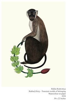 a drawing of a monkey sitting on top of a tree branch with leaves around it