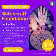 a poster for the witch foundation with candles and handwritten writing on it, in front of a purple background