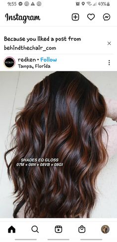 Chocolate Brown Hair With Red Balayage, Copper Over Dark Brown Hair, Dark Auburn Hair Color Brown, Fall Lowlights For Brunettes, Hot Chocolate Hair, Dark Copper Balayage Brunette, Mahogany Brown Hair, Rich Brown Hair, Baylage Hair