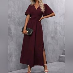 New Chic Ruched Waist Flutter Sleeve Maxi Dress * Short Flutter Sleeve * Wrap V Neck * Ruched Wide Waistband * Smocked Stretch Waist Back * Flowy Flared A Line Maxi Skirt * Split Hem *Approximate Unstretched Measurements* Small (4) *Bust 36.25" *Waist 26"(Up To 28") * Sleeve Length 9.5" *Length 53" Medium (6) *Bust 37.75" *Waist 27.5"(Up To 30") * Sleeve Length 9.75" * Length 54" Large (8/10) *Bust 40.25" *Waist 30"(Up To 32") * Sleeve Length 10" * Length 54.5" Xl (12) *Bust 42.5" *Waist 32.25"( Sangria Red Wine, Aubergine Dress, A Line Maxi Skirt, Red Wine Sangria, Sangria Red, Wine Sangria, Maxi Dress Short, Wine Purple, Red Sangria