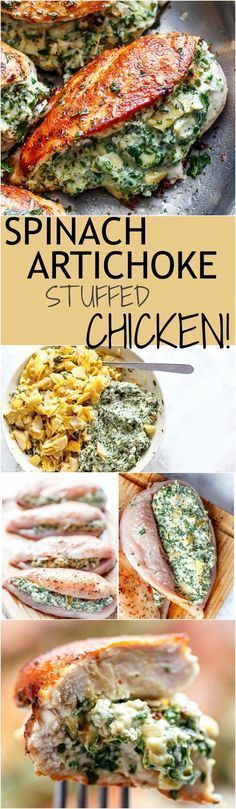 spinach and artichoke stuffed chicken is shown in this collage with the words spinach and artichoke stuffed chicken