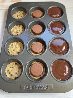 a muffin tin filled with chocolate chip cupcakes