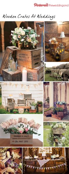 a collage of photos with flowers and wooden crates