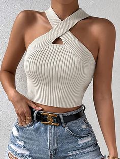 SweatyRocks Women's Casual Criss Cross Halter Crop Top Ribbed Knit Fitting Tank Top Crop Tops Online, Elegant Outfits, Mode Inspo, Halter Crop Top, Knit Tops, Workout Tank Tops, Women Outfits