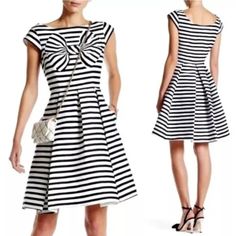 Cap Sleeves And A Fit-And-Flare Shape Make This Dress Super-Flattering, But It's The Cream-And-Navy Stripes And Trompe L'oeil Bow That Ensure It Really Stands Out. Steer Clear Of Necklaces In Favor Of Bracelets Or A Pair Of Statement Earrings, And Add Heels For A Look That's Ideal For The Office, A Party Or Anything In Between. 100% Polyester/ 100% Polyester. Cap Sleeves Printed Bow On Chest Fit & Flare. Invisible Side Zipper With Hook & Eye Purchased From Thredup In 2022. Lost Weight And Bought Bow Print, Kate Spade Dress, Kate Spade Dresses, Hook Eye, Navy Stripes, Dress With Bow, Fit And Flare Dress, Fit Flare Dress, Lost Weight