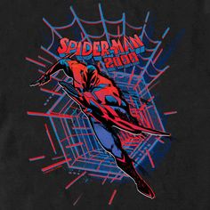 the spider - man logo on a black t - shirt with red and blue lines