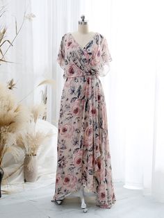 MissJophiel V Neck Draped High Low Flowy Short Sleeve Floral Wedding Party Guest Dresses Flowy Mother Of The Bride Dresses, Party Guest Dresses, Pink Floral Long Dress, Motb Dress, Floral Wedding Party, Garden Wedding Dress Guest, Romantic Bridesmaid Dresses, Floral High Low Dress, Hello Pretty