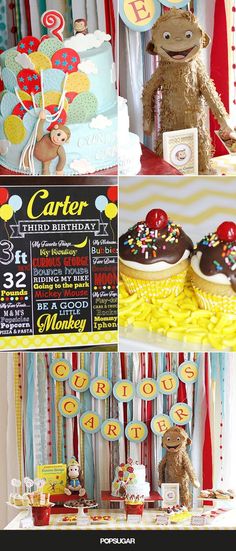 a collage of photos with teddy bears, cakes and other items for a child's birthday party