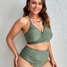 Nwot Shein Sage Bikini Wrap Top + Bottoms (They Are The Same Color, Pics Taken At Different Times) *Included Official Photos To Show How It Wraps* Nwot! Tried On, Never Worn! ***Updated Bc I Found The Bottoms (Finally!)*** *Smoke-Free Home. *I Try To Ship 1-2 Days After Purchase. *Each Order Comes With A Little Free Gift! *I Use Up-Cycled Packaging! *Dont Forget To Bundle! *Please Feel Free To Message Me With Any Questions, Offers, Or Just Talk About Squishmallows! Cheap Trendy Swimwear By Forever 21, Plus Size Bade, Curvy Swim, Curvy Swimwear, Plus Size Swim, Plus Size Swimsuits, Plus Size Kleidung, Tankini Swimsuits, Plus Size Swimwear