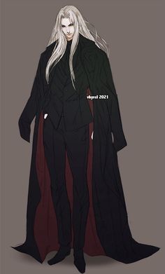 an anime character with long white hair wearing a black suit and red cape