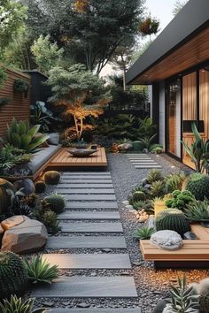 a very nice looking garden with lots of plants and rocks in it's path