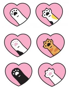 four heart shaped stickers with different types of animals and cats on them, all in pink