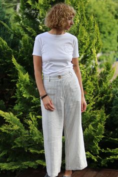 Ready to Ship/striped Linen High Waist Women Culottes / Wide - Etsy Linen Culottes, Teal Blue Color, Womens Trousers, Wide Leg Linen Pants, Royal Blue Color, Pantalon Large, Light Turquoise, Striped Linen, Linen Pants