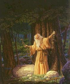 a painting of an old man standing in the woods with his arms outstretched and hands out