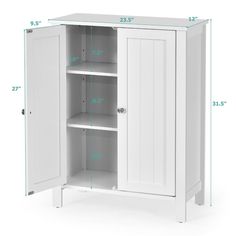 a white cabinet with measurements for the door and shelves on each side, including height