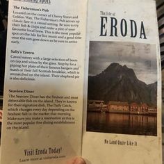 an open book about the history of eroda in english and spanish with pictures of mountains