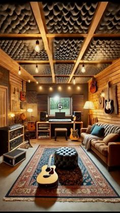 a living room filled with furniture and guitars