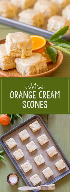 orange cream scones on a plate with an orange slice in the middle and other desserts behind it