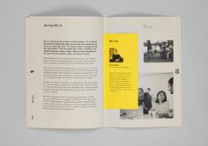 an open book with black and white photos on it's cover, showing people sitting at a table