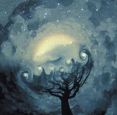 a painting of a tree with stars in the sky