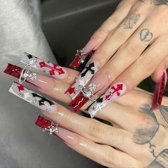 Red And Grey Nails Design, Red Nail Sets, Acrylic Nail Set, Punk Nails, Red Acrylic Nails, Hard Nails, Drip Nails, Edgy Nails, Glamour Nails