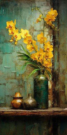 a painting of yellow flowers in a green vase