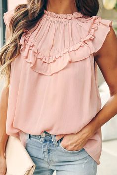 Busca Tank (Apricot) - La Bella Fashion Boutique Online Fashion Boutique online boutique Ruffles Top, Lisa Fischer, Church Clothes, Beige Blouse, Sleeveless Shirts, Ruffle Tank Top, Summer Blouse, Chiffon Ruffle, Flowy Tank Tops