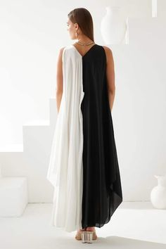 Black and white asymmetric colour block dress with a pleated flowy silhouette. - Aza Fashions Colour Block Dress, Asymmetric Dress, Block Dress, Fashion App, Colorblock Dress, Colour Block, Asymmetrical Dress, Dress For Women, Aza Fashion