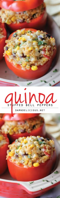 the cover of healthy quinoa stuffed bell peppers is shown in three different images