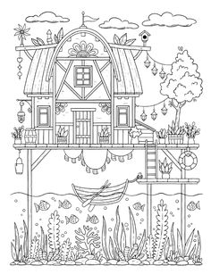 a house in the water with plants and fish on it, coloring page for adults