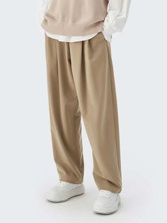 Khaki Casual   Polyester Plain Wide Leg Embellished Slight Stretch All Men Bottoms Fashion Stylist Resume, Khaki Trousers Outfit, Baggy Trousers Outfit, Khaki Pants Outfit Men, Pleated Pants Outfit, Pleated Outfit, Sewing Styles, Trousers Outfit Men, Skateboard Pants