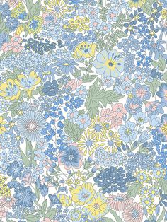 an image of a flower pattern with blue, yellow and pink flowers