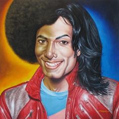 a painting of a man with an afro wearing a red leather jacket and blue shirt