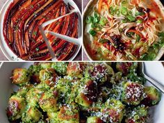 four different pictures with food in them including broccoli, carrots and noodles