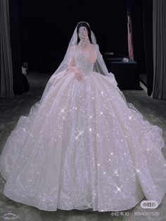 a woman in a white wedding dress is wearing a veil and gown with stars on it