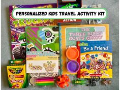 the personalized kids travel activity kit is packed with toys and books to help them learn